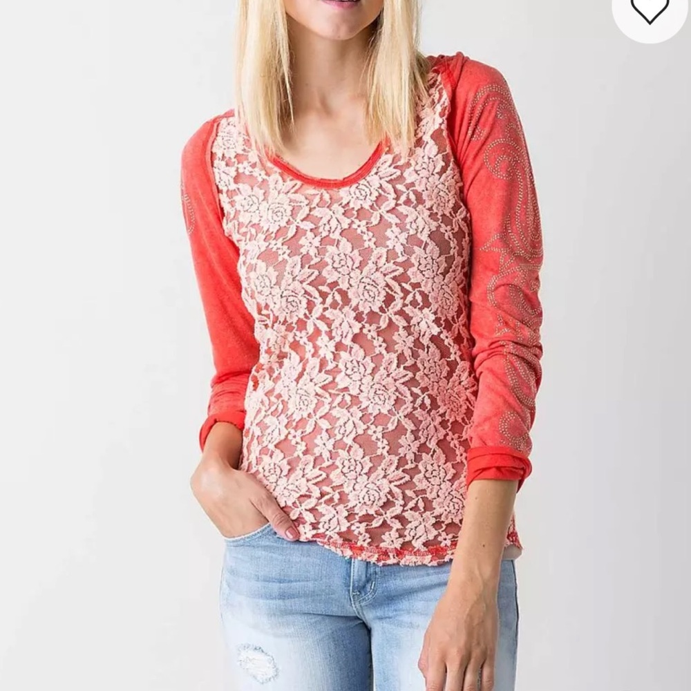 Miss Me Coral Floral Lace Rhinestone Hoodie Boho Women's Sz Large